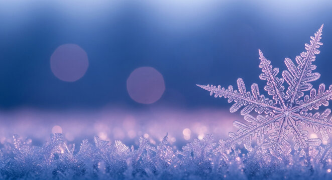 Close-up of a detailed crystalline snowflake and ice crystals on a blurred blue background, representing winter, cold, and unique natural beauty - Powered by Adobe