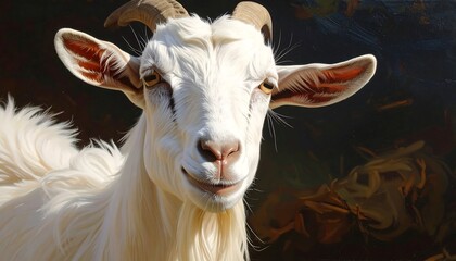 A close-up portrait of a white goat with curly horns, showcasing detailed fur and expressive eyes, against a dark, blurred background