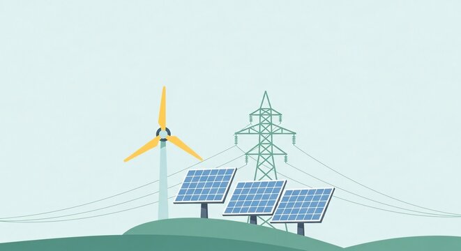 Renewable Energy Wind Turbine and Solar Panels on Green Hill with Power Lines, Clean Energy Future