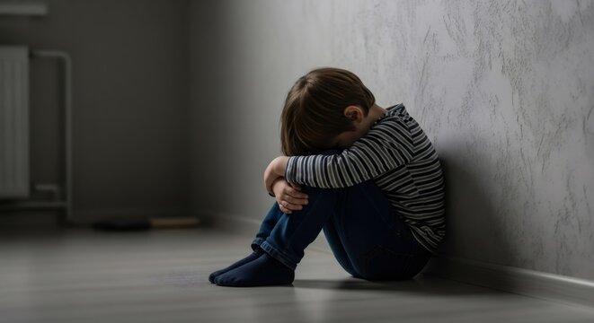 Upset boy sits alone on floor with head down, concept of autism spectrum disorder, child with neurodiversity, and childhood mental health.