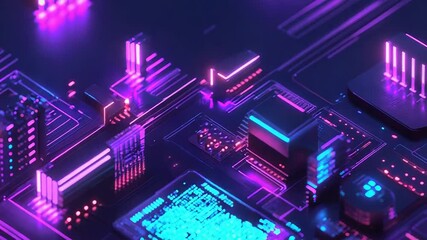 Digital circuit board with glowing data processing chips - Powered by Adobe