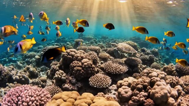 Tropical coral reef ecosystem teeming with colorful fish swimming beneath bright sunlit ocean surface for nature advertising.
