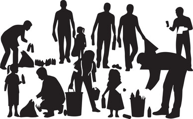 International volunteer day diverse people silhouettes cleaning up environment together celebration