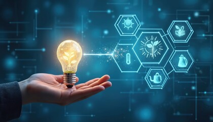 Hand holds glowing light bulb with green plant inside. Digital network background shows eco tech innovation symbols like sun, thermometer, plant icons. Illustrates green energy, sustainable ideas for