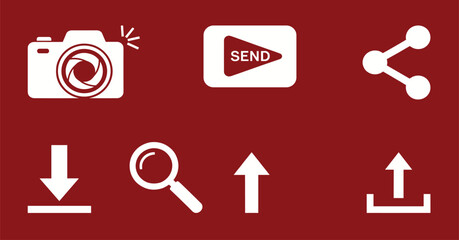 Digital interface icons, camera flash, send button, share symbol, download arrow, upload icon, search magnifier, minimal design, dark red background