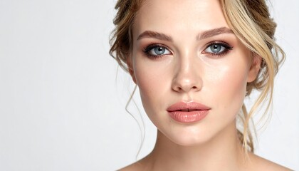 A close-up portrait of a woman with blue eyes, blonde hair styled back, and flawless makeup. She's against a white background