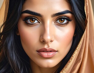 A close-up portrait of a woman with dark hair and striking brown eyes. She wears a head covering, and her makeup is refined