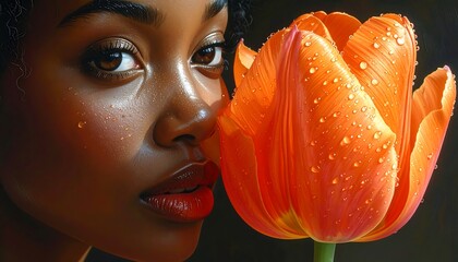A close-up portrait of a woman with radiant skin and glossy lips, alongside a vibrant, orange tulip glistening with water droplets