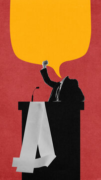 Conceptual collage of politician behind podium with raised fist and large empty speech bubble. Concept of political rhetoric, leadership illusion, empty promises, and manipulative speech.