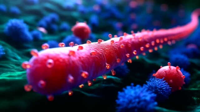 Microscopic nightmare red virus invades blue immune cells