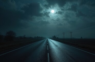 Empty dark highway under a full moon at night. Wet asphalt road stretches to horizon. Power lines run alongside rural landscape. Gloomy atmosphere suggests solitary journey.