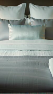 Extreme close-up of a perfectly made luxurious bed with crisp white linen, soft grey runner, and plush pillows, slowly revealing intricate textures against a warm bokeh background, exuding ultimate