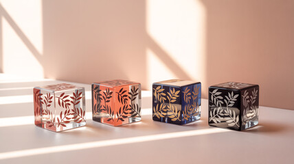 Four decorative glass cubes with leaf patterns in clear amber blue and black object