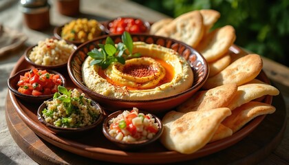 Colorful platter with hummus baba ghanoush tabbouleh pita bread. Middle Eastern spread for sharing offers healthy dips and fresh ingredients. Perfect for parties or casual meals.