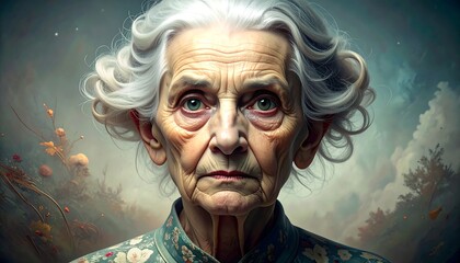 A close-up portrait of an elderly woman with silver hair and wrinkles, gazing directly at the viewer. A soft, dreamlike background