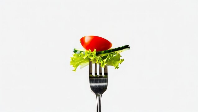 Fresh salad on fork isolated on white background