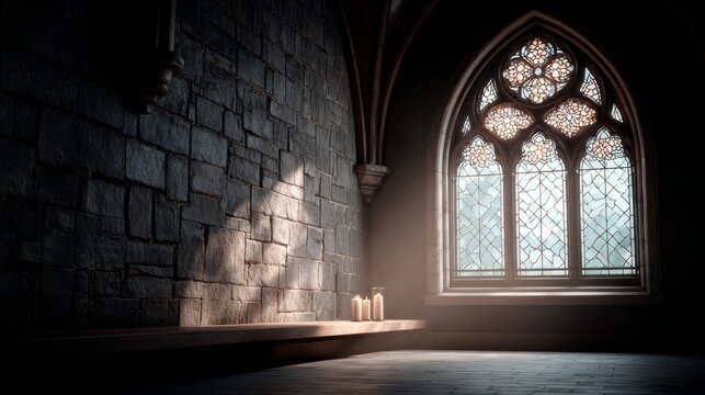 the church with stained glass window, sunlight and copy space on stone wall background