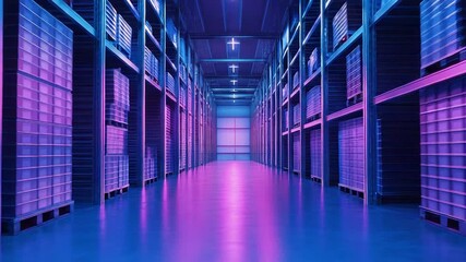 Futuristic warehouse interior with neon purple and blue lighting - Powered by Adobe