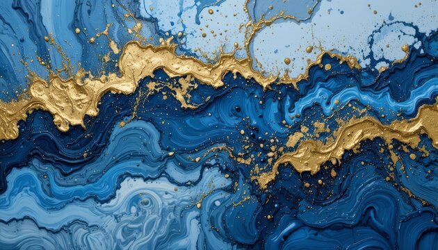 Abstract blue and white fluid art with gold metallic accents and flowing patterns