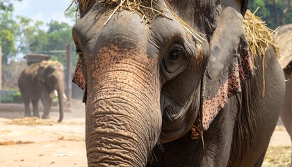 A close-up portrait of an elephant reveals textured skin with a focus on its intelligent eye, another elephant blurry in the background