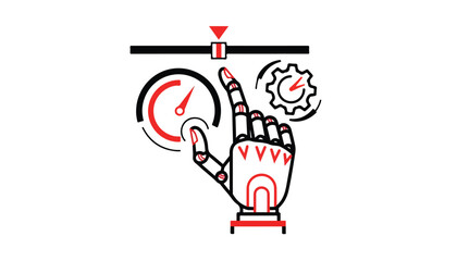 Robotic hand interacts with a slider, gauge, and gear icon, representing automation and control.