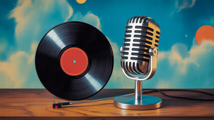 Vintage silver microphone and black vinyl record on wooden table with cloudy sky background