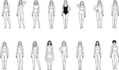 Illustration of diverse body types line art, celebrating the beauty of all shapes and sizes in a minimalist style