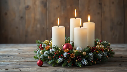 Christmas Advent Candle Centerpiece with Lit Candles and Festive Decorations on Wooden Surface