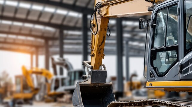 Close-up view of bucket on yellow mini excavator arm at industrial construction site with empty space for text overlay