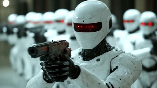 Robotic enforcers stand armed in uniform