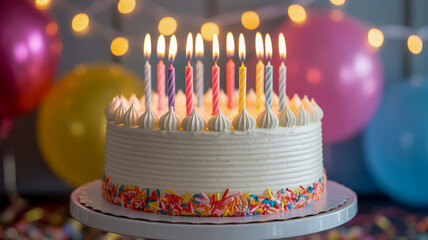 White birthday cake with lit colorful candles and festive balloons in background white cake