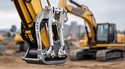 Close-up look at excavator bucket arm with yellow and grey colors on construction site, showcasing machinery details with soft shadows and professional color grading