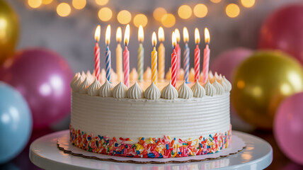 White birthday cake with lit colorful candles and sprinkles surrounded by balloons and bokeh lights