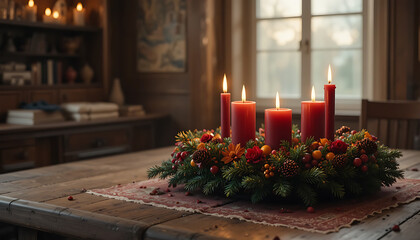 Advent Candle Centerpiece with Red Candles and Festive Greenery in Cozy Home
