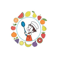 Fresh healthy food with flying vegetables and fruits. Flat vector illustration of different meal with tomato, cucumber, bell pepper, apple, and carrot. Organic food concept, diet and healthy lifestyle