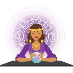 Pixelated fortune teller woman with closed eyes wearing purple dress gold headband holding glowing crystal ball with mandala background