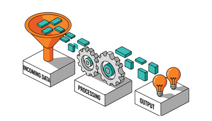 Illustration depicting data processing: incoming data flows through a funnel, is processed by gears, and results in output represented by lightbulbs.