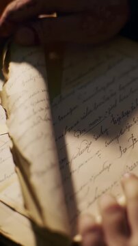 Diverse neutral hands meticulously interact with aged paper documents on a soft off-white desk; turning brittle pages of antique books, tracing historical maps, and opening vintage scrolls and