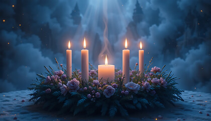 Christmas Advent Candle Arrangement with Pink Flowers and Evergreen Foliage in Night Sky Setting