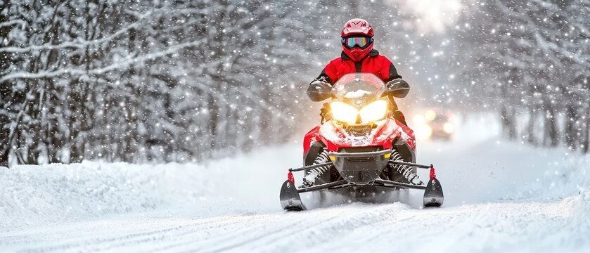 Snowmobile racing through a snow-covered forest road in winter with a rider wearing gear for a thrilling outdoor adventure