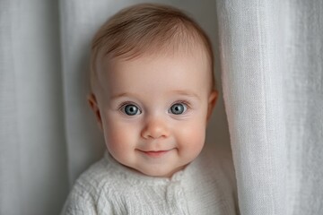 Adorable Baby with Blue Eyes Smiling in Soft Natural Light Portrait