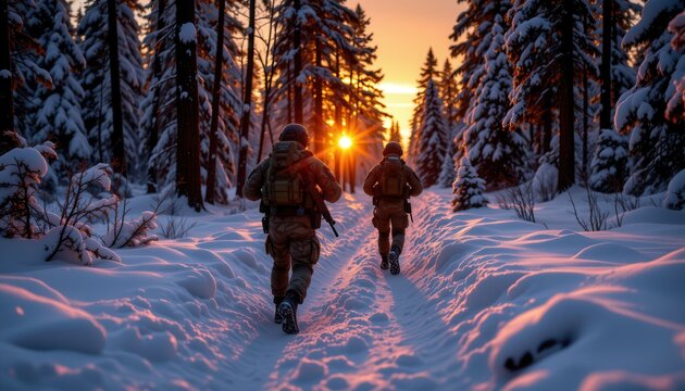 Two soldiers walking on a snowy forest path at sunset with warm light creating a peaceful yet intense atmosphere. - Powered by Adobe