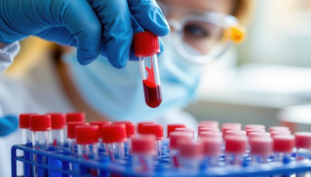 Medical test tube with blood sample held by gloved hand in laboratory setting with blurred scientist wearing mask and goggles in background