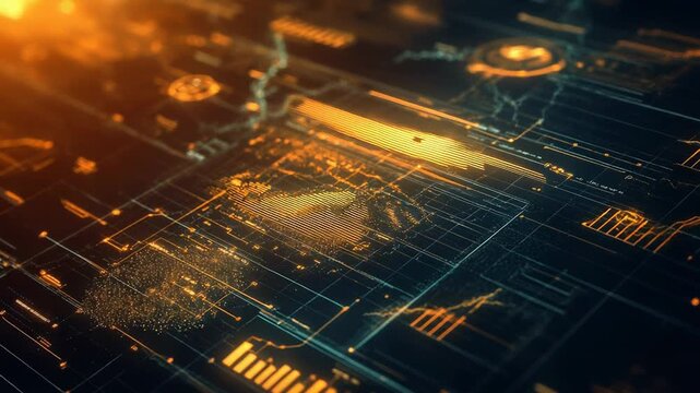Digital data analyzing financial information on circuit board grid - Powered by Adobe