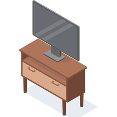 Pixel Art Television Set on a Wooden Stand with Drawers and a Blue Rug Casting a Shadow