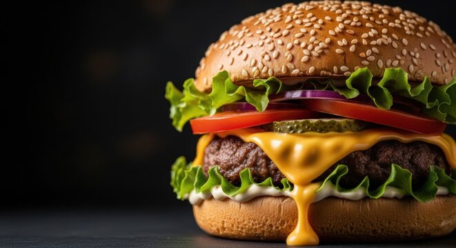 A detailed close-up of a massive, perfectly constructed cheeseburger, featuring a sesame seed bun, lettuce, dripping melted cheese, pickles, tomato, and red onion, against a dark, moody background."