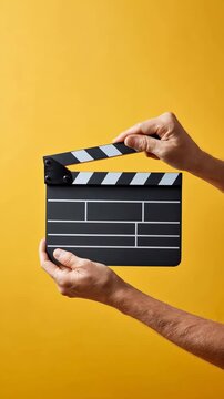 Caucasian male hands holding and clapping a black and white striped movie clapperboard against a vibrant yellow background, symbolizing the start of filming, production, and cinema action
