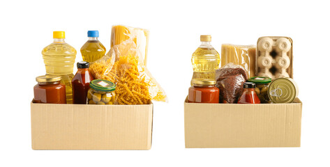 Foodstuffs in donation box isolated on white background for volunteer to help people.