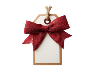 Festive red bow adorns blank gift tag image, Isolated, Png Transparent Background
