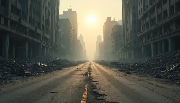 Empty city street with ruined buildings and debris piles under hazy sunlight. Destroyed urban landscape stretches into distance. Post apocalypse scene looks desolate and forgotten.